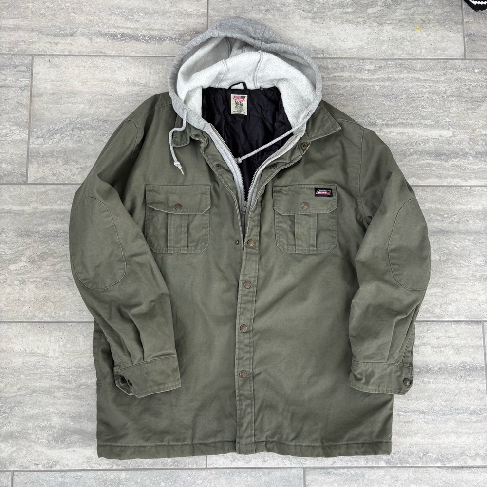 Dickies Men’s Green‎ Duck Hooded Shirt Jacket XL 46-48 Elbow Patches Gorpcore
